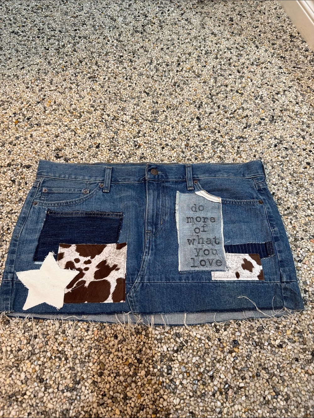 Levi's Blue Denim Patchwork Mini Skirt with Brown Cowhide and White Star